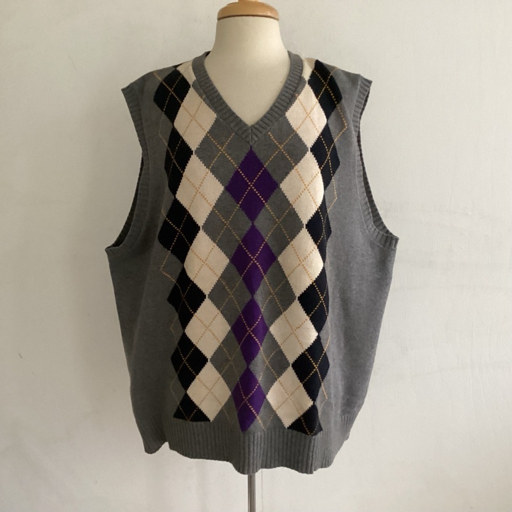 Vintage Old Navy Gray, White, Black Argyle WoolCotton Blend Sweater Vest XXL